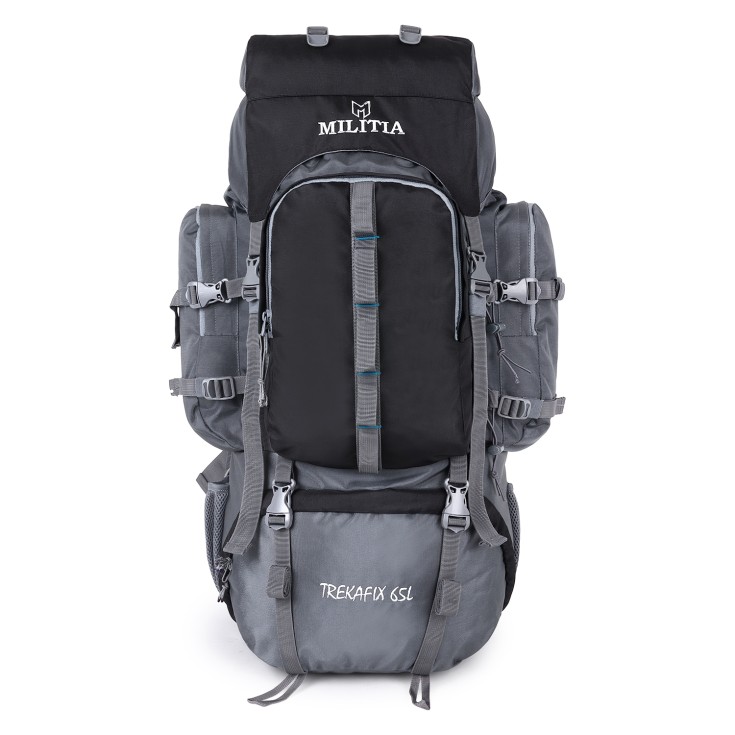Trekafix MILITIA Outdoor Backpacking Pack, Large Capacity, Water Bottle Holder, Unisex Grey - Black