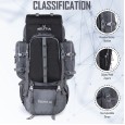 Trekafix MILITIA Outdoor Backpacking Pack, Large Capacity, Water Bottle Holder, Unisex Grey - Black